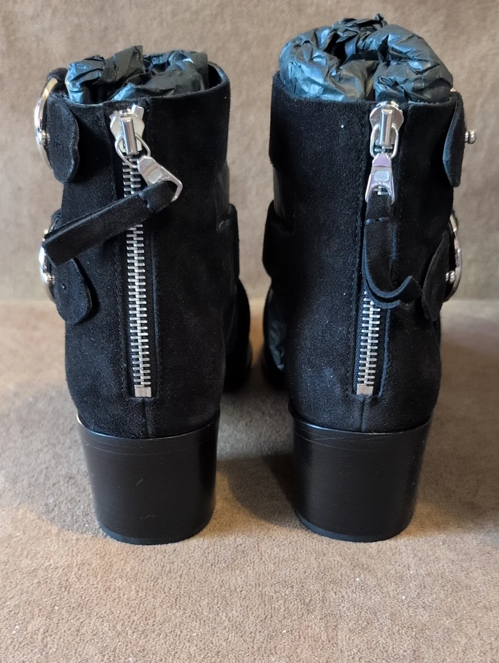 rag & bone Black Suede Open-Toe Mari Shoe Double Buckle Straps, And Back Zipper